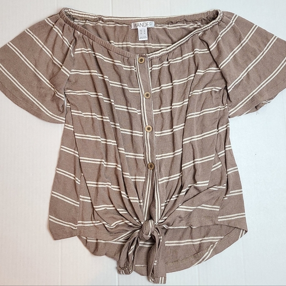 Tan Striped Knotted Flutter Sleeve Top - Picture 6 of 9
